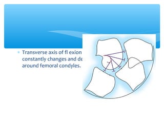 ∗ Transverse axis of fl exion and extension of knee
constantly changes and describes J-shaped curve
around femoral condyles.
 