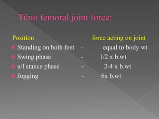 Position
 Standing on both feet  Swing phase
 u/l stance phase
–
 Jogging
–

force acting on joint
equal to body wt
1/2 x b.wt
2-4 x b.wt
6x b.wt

 