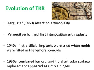 Evolution of TKR
• Fergussen(1860) resection arthroplasty
• Verneuil performed first interposition arthroplasty
• 1940s- first artificial implants were tried when molds
were fitted in the femoral condyle
• 1950s- combined femoral and tibial articular surface
replacement appeared as simple hinges
 