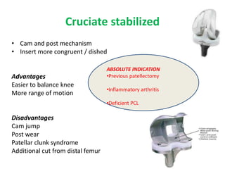 Cruciate stabilized
• Cam and post mechanism
• Insert more congruent / dished
Advantages
Easier to balance knee
More range of motion
Disadvantages
Cam jump
Post wear
Patellar clunk syndrome
Additional cut from distal femur
ABSOLUTE INDICATION
•Previous patellectomy
•Inflammatory arthritis
•Deficient PCL
 