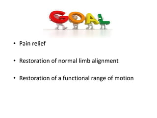 Goal of TKR
• Pain relief
• Restoration of normal limb alignment
• Restoration of a functional range of motion
 