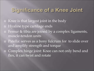  Knee is that largest joint in the body
 Hyaline type cartilage ends
 Femur & tibia are joined by a complex ligaments,
muscle-tendon units
 Patella: serves as a bony fulcrum for to slide over
and amplify strength and torque
 Complex hinge joint: Knee can not only bend and
flex, it can twist and rotate
 