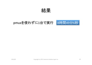 結果	

   pmuxを使わずに1台で実行	
 8時間49分6秒	




2013/01	
   Copyright	
  (c)	
  2013	
  Internet	
  Ini>a>ve	
  Japan	
  Inc.	
   22	
 