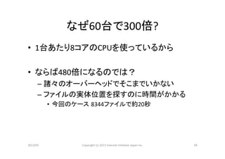 なぜ60台で300倍?	
•  1台あたり8コアのCPUを使っているから	
  

•  ならば480倍になるのでは？	
  
      – 諸々のオーバーヘッドでそこまでいかない	
  
      – ファイルの実体位置を探すのに時間がかかる	
  
            •  今回のケース 8344ファイルで約20秒	




2013/01	
           Copyright	
  (c)	
  2013	
  Internet	
  Ini>a>ve	
  Japan	
  Inc.	
   24	
 