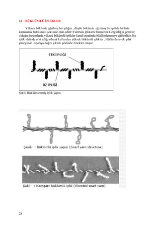 28
12 – BÜKLÜMLÜ İPLİKLER
Yüksek bükümle eğrilmiş bir ipliğin , düşük bükümle eğrilmiş bir iplikle birlikte
katlanarak bükülmesi şeklinde elde edilir.Yumrulu ipliklere benzerdir.Gerginliğin yetersiz
olduğu durumlarda yüksek bükümlü iplikler kendi etrafında büklümlenmeye eğilimlidir.Bu
iplik türünde etki ipliği olarak kullanılan yüksek bükümlü iplikler , büklümlenerek iplik
yüzeyinde dışarıya doğru çıkıntı şeklinde ilmekler oluşur.
Şekil: Büklümlenmiş iplik yapısı
 
