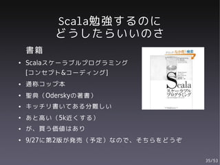 Scala勉強するのに
         どうしたらいいのさ
    書籍
●   Scalaスケーラブルプログラミング
    [コンセプト&コーディング]
●   通称コップ本
●   聖典（Oderskyの著書）
●   キッチリ書いてある分難しい
●   あと高い（5k近くする）
●   が、買う価値はあり
●   9/27に第2版が発売（予定）なので、そちらをどうぞ

                                 35/53
 