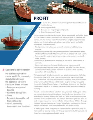 PROFIT12
PROFIT
During 2012, Teekay’s financial management objectives focused on
three key themes:
•	 Improving profitability
	 •	 Executing and integrating growth projects
	 •	 Diversifying sources of capital
With an overarching objective of returning Teekay to sustainable profitability, during
2012 we undertook several initiatives across our organization to streamline our
business, enhance financial accountability and make tangible progress towards
reducing and eliminating loss-making business activities. Specific profitability
improvement initiatives included:
•	 Re-aligning our internal business units with our external public company 	
	structure;
•	 Re-organizing on-shore ship management operations of our conventional tankers 	
	 into Teekay Marine Limited (TML), a new joint venture company with Anglo Eastern;
•	 Reviewing and re-organizing on-shore management processes in our shuttle
	 tanker business;
•	 Continuing to re-deliver vessels employed on loss-making time-chartered in
	contracts;
•	 Re-contracting existing offshore and LNG vessels at higher rates; and
•	 Adding profitable fixed-rate growth, including Teekay LNG Partners’ February
	 2012 acquisition of a 52 percent interest in six liquefied natural gas (LNG)
	 carriers from A.P. Moller Maersk.
With approximately $3 billion invested in new growth projects across the Teekay
Group during fiscal 2011, project execution was another key priority in fiscal
2012. Furthermore, we continue to migrate our operating assets from the parent
company (Teekay Parent) to our publicly-traded daughter entities, Teekay LNG
Partners L.P., Teekay Offshore Partners L.P. and Teekay Tankers Ltd. (the Daughter
Entities) which enables us to monetize the value of these assets and raise equity
financing.
Through a combination of asset sales from Teekay Parent to the Daughter Entities
and, increasingly, direct acquisitions by our Daughter Entities, Teekay Parent has
benefited from growing dividend cash flows as a result of its common unit/share
ownership in the Daughter Entities and incentive distribution rights cash flows as a
result of its general partner interests in Teekay LNG and Teekay Offshore. Through
the sale of assets to the Daughter Entities, Teekay Parent is increasing its financial
strength and flexibility, in the form of lower debt and greater liquidity
As the Daughter Entities have grown in scale and market capitalization, they are
more capable of growing directly, both through organic new building projects and
through accretive acquisitions of quality assets.
// Economic Development
Our business operations
create wealth for community
stakeholders through
the economic value we
distribute. These include:
•	Employee wages and 	 	
	benefits
•	Payments to suppliers
•	Taxes
•	Payments to providers of 	
	 financial capital
•	Direct community 	 	
	 investments and donations
 