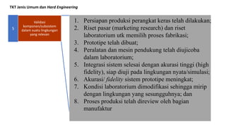 TKT Jenis Umum dan Hard Engineering
5
1. Persiapan produksi perangkat keras telah dilakukan;
2. Riset pasar (marketing research) dan riset
laboratorium utk memilih proses fabrikasi;
3. Prototipe telah dibuat;
4. Peralatan dan mesin pendukung telah diujicoba
dalam laboratorium;
5. Integrasi sistem selesai dengan akurasi tinggi (high
fidelity), siap diuji pada lingkungan nyata/simulasi;
6. Akurasi/ fidelity sistem prototipe meningkat;
7. Kondisi laboratorium dimodifikasi sehingga mirip
dengan lingkungan yang sesungguhnya; dan
8. Proses produksi telah direview oleh bagian
manufaktur
Validasi
komponen/subsistem
dalam suatu lingkungan
yang relevan
 