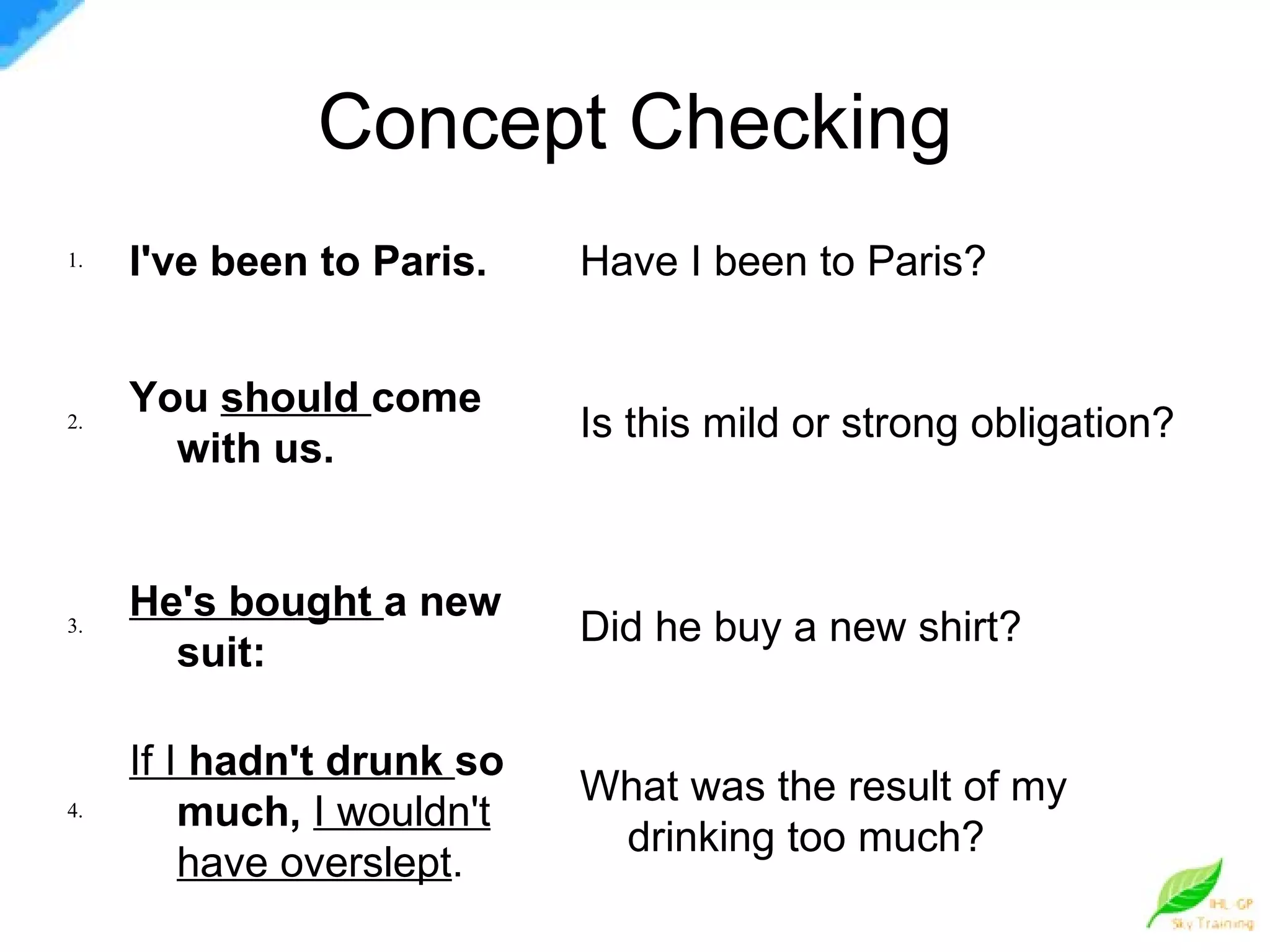 Concept Checking 1. I've been to Paris. Have I been to Paris? 2. You  should  come with us. Is this mild or strong obligation? 3. He's bought  a new suit: Did he buy a new shirt? 4. If I  hadn't drunk  so much,   I wouldn't have overslept . What was the result of my drinking too much? 