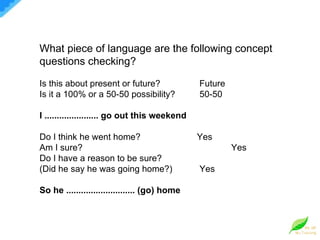 What piece of language are the following concept questions checking? Is this about present or future?   Future Is it a 100% or a 50-50 possibility? 50-50 I ...................... go out this weekend Do I think he went home?   Yes  Am I sure?   Yes  Do I have a reason to be sure? (Did he say he was going home?) Yes So he ............................ (go) home 