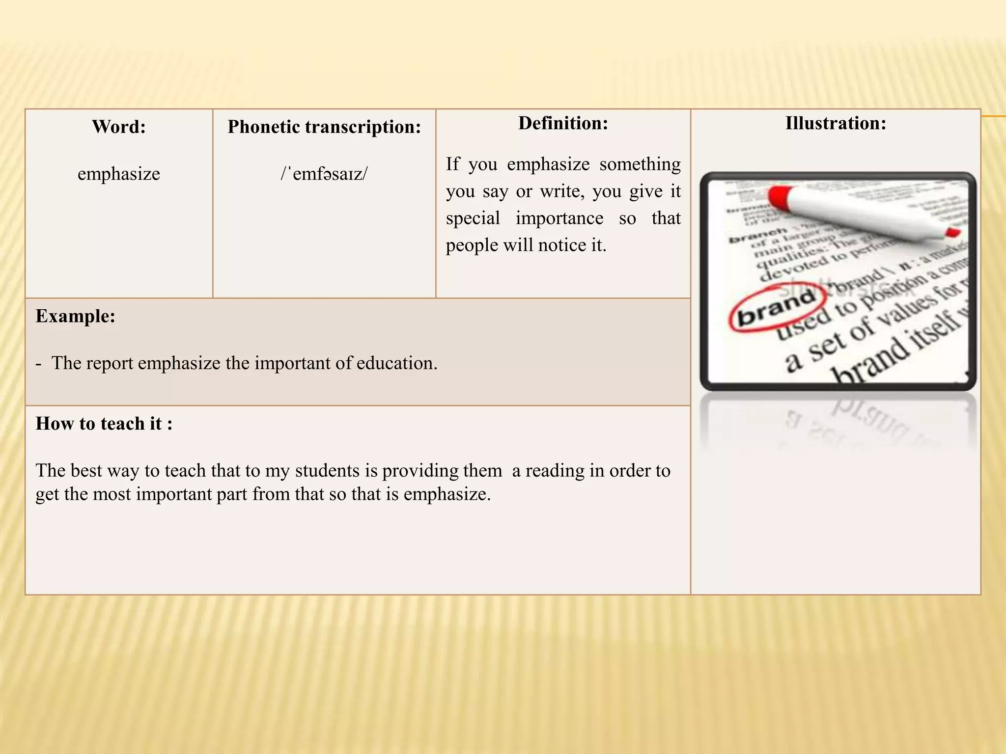 Word:
emphasize
Phonetic transcription:
/ˈemfəsaɪz/
Definition:
If you emphasize something
you say or write, you give it
special importance so that
people will notice it.
Illustration:
Example:
- The report emphasize the important of education.
How to teach it :
The best way to teach that to my students is providing them a reading in order to
get the most important part from that so that is emphasize.
 