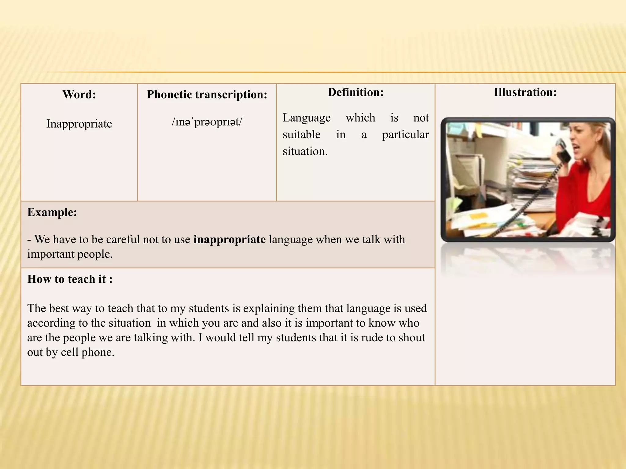Word:
Inappropriate
Phonetic transcription:
/ɪnəˈprəʊprɪət/
Definition:
Language which is not
suitable in a particular
situation.
Illustration:
Example:
- We have to be careful not to use inappropriate language when we talk with
important people.
How to teach it :
The best way to teach that to my students is explaining them that language is used
according to the situation in which you are and also it is important to know who
are the people we are talking with. I would tell my students that it is rude to shout
out by cell phone.
 