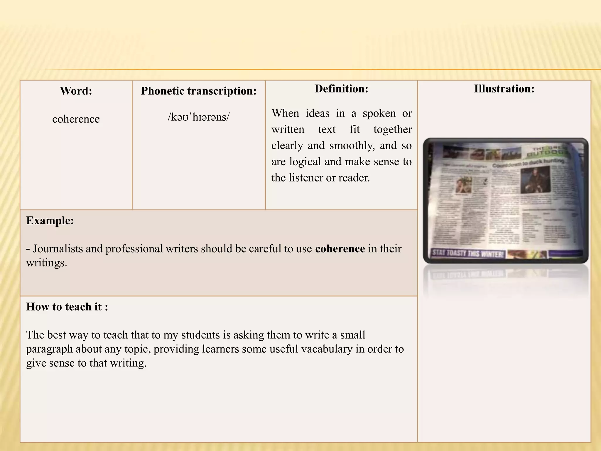 Word:
coherence
Phonetic transcription:
/kəʊˈhɪərəns/
Definition:
When ideas in a spoken or
written text fit together
clearly and smoothly, and so
are logical and make sense to
the listener or reader.
Illustration:
Example:
- Journalists and professional writers should be careful to use coherence in their
writings.
How to teach it :
The best way to teach that to my students is asking them to write a small
paragraph about any topic, providing learners some useful vacabulary in order to
give sense to that writing.
 