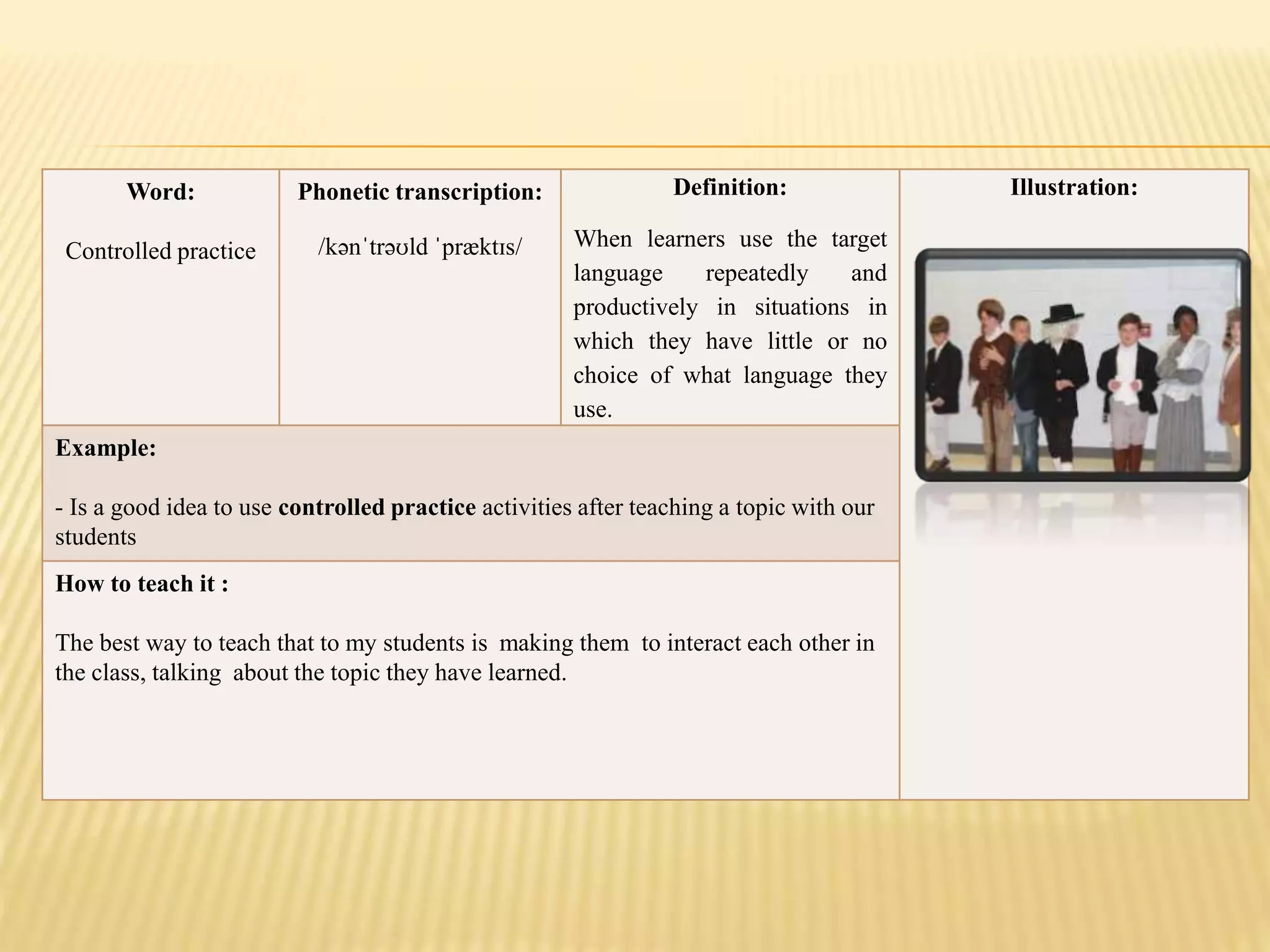 Word:
Controlled practice
Phonetic transcription:
/kənˈtrəʊld ˈpræktɪs/
Definition:
When learners use the target
language repeatedly and
productively in situations in
which they have little or no
choice of what language they
use.
Illustration:
Example:
- Is a good idea to use controlled practice activities after teaching a topic with our
students
How to teach it :
The best way to teach that to my students is making them to interact each other in
the class, talking about the topic they have learned.
 