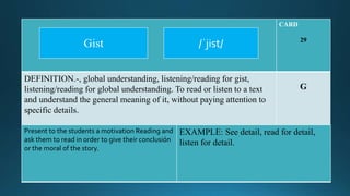 CARD
29
DEFINITION.-, global understanding, listening/reading for gist,
listening/reading for global understanding. To read or listen to a text
and understand the general meaning of it, without paying attention to
specific details.
G
Present to the students a motivation Reading and
ask them to read in order to give their conclusión
or the moral of the story.
EXAMPLE: See detail, read for detail,
listen for detail.
/ˈjist/Gist
 