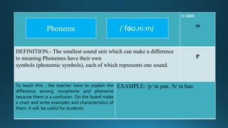 CARD
39
DEFINITION.- The smallest sound unit which can make a difference
to meaning Phonemes have their own
symbols (phonemic symbols), each of which represents one sound.
P
To teach this , the teacher have to explain the
difference among morpheme and phoneme
because there is a confusion. On the board make
a chart and write examples and characteristics of
them. It will be useful for students.
EXAMPLE: /p/ in pan, /b/ in ban.
/ˈfəʊ.niːm/Phoneme
 