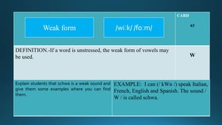 CARD
63
DEFINITION.-If a word is unstressed, the weak form of vowels may
be used. W
Explain students that schwa is a weak sound and
give them some examples where you can find
them.
EXAMPLE: I can (/ kWn /) speak Italian,
French, English and Spanish. The sound /
W / is called schwa.
/wiːk/ /foːm/Weak form
 