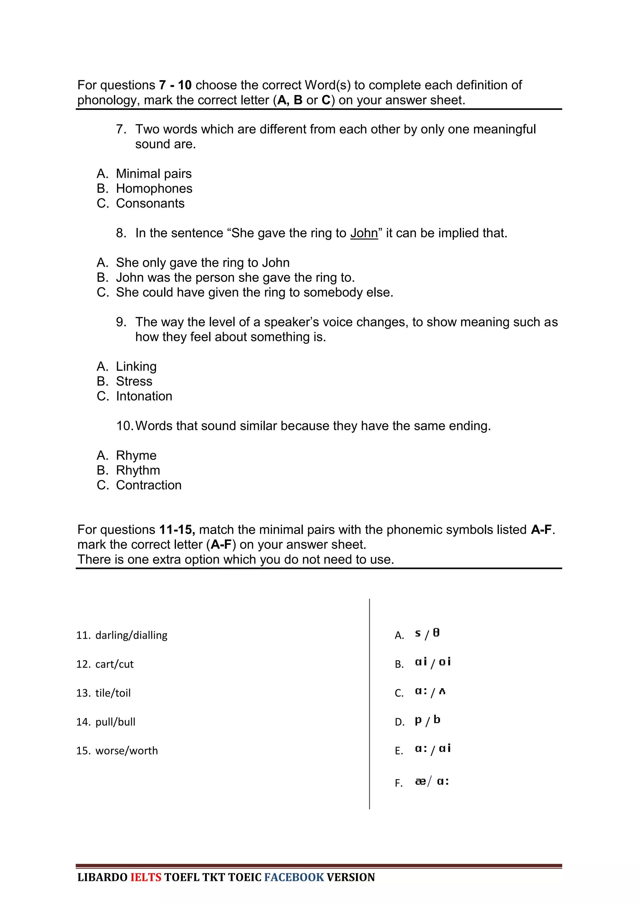 For questions 7 - 10 choose the correct Word(s) to complete each definition of
phonology, mark the correct letter (A, B or C) on your answer sheet.

         7. Two words which are different from each other by only one meaningful
            sound are.

    A. Minimal pairs
    B. Homophones
    C. Consonants

         8. In the sentence “She gave the ring to John” it can be implied that.

    A. She only gave the ring to John
    B. John was the person she gave the ring to.
    C. She could have given the ring to somebody else.

         9. The way the level of a speaker‟s voice changes, to show meaning such as
            how they feel about something is.

    A. Linking
    B. Stress
    C. Intonation

         10. Words that sound similar because they have the same ending.

    A. Rhyme
    B. Rhythm
    C. Contraction


For questions 11-15, match the minimal pairs with the phonemic symbols listed A-F.
mark the correct letter (A-F) on your answer sheet.
There is one extra option which you do not need to use.




11. darling/dialling                                      A.    /

12. cart/cut                                              B.        /

13. tile/toil                                             C.        /

14. pull/bull                                             D.    /

15. worse/worth                                           E.        /

                                                          F.    /




LIBARDO IELTS TOEFL TKT TOEIC FACEBOOK VERSION
 