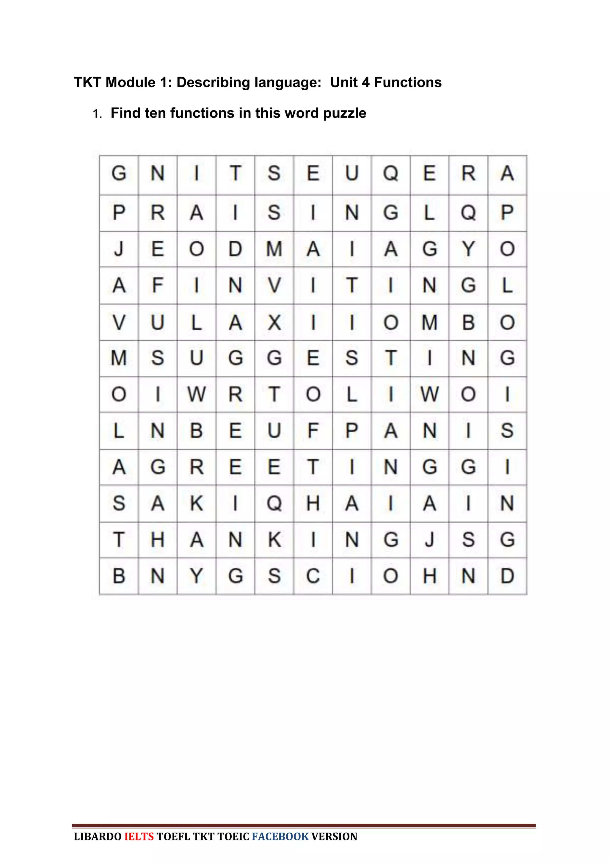 TKT Module 1: Describing language: Unit 4 Functions

  1. Find ten functions in this word puzzle




LIBARDO IELTS TOEFL TKT TOEIC FACEBOOK VERSION
 