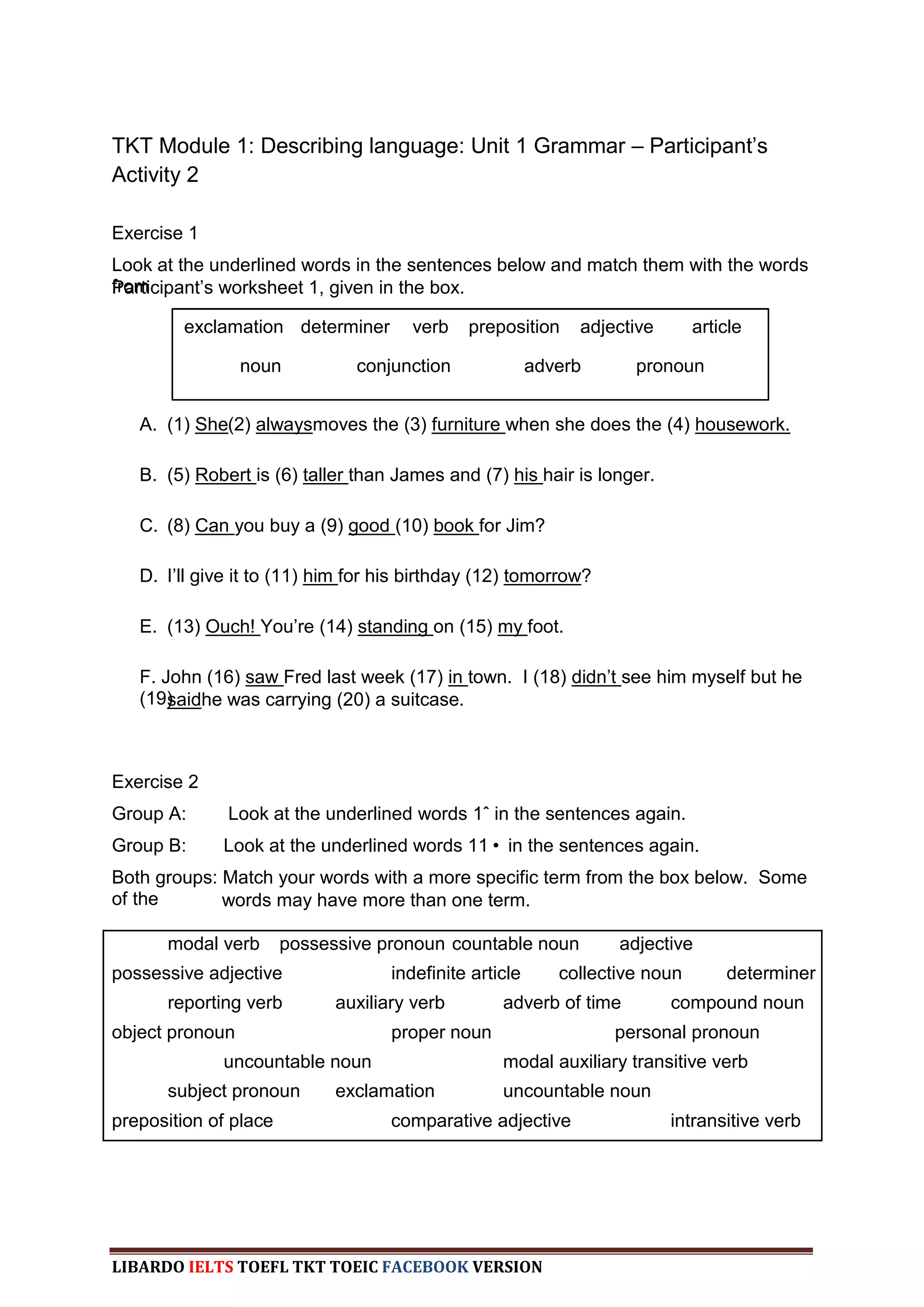 TKT Module 1: Describing language: Unit 1 Grammar – Participant‟s
Activity 2

Exercise 1
Look at the underlined words in the sentences below and match them with the words
Participant‟s worksheet 1, given in the box.
from

        exclamation determiner        verb    preposition     adjective       article

                 noun          conjunction               adverb      pronoun


   A. (1) She(2) alwaysmoves the (3) furniture when she does the (4) housework.

   B. (5) Robert is (6) taller than James and (7) his hair is longer.

   C. (8) Can you buy a (9) good (10) book for Jim?

   D. I‟ll give it to (11) him for his birthday (12) tomorrow?

   E. (13) Ouch! You‟re (14) standing on (15) my foot.

   F. John (16) saw Fred last week (17) in town. I (18) didn‟t see him myself but he
   (19)saidhe was carrying (20) a suitcase.



Exercise 2
Group A:      Look at the underlined words 1ˆ in the sentences again.
Group B:     Look at the underlined words 11• in the sentences again.
Both groups: Match your words with a more specific term from the box below. Some
of the       words may have more than one term.

      modal verb       possessive pronoun countable noun           adjective
possessive adjective                indefinite article      collective noun       determiner
      reporting verb         auxiliary verb        adverb of time         compound noun
object pronoun                      proper noun                   personal pronoun
             uncountable noun                      modal auxiliary transitive verb
      subject pronoun        exclamation           uncountable noun
preposition of place                comparative adjective                 intransitive verb




LIBARDO IELTS TOEFL TKT TOEIC FACEBOOK VERSION
 