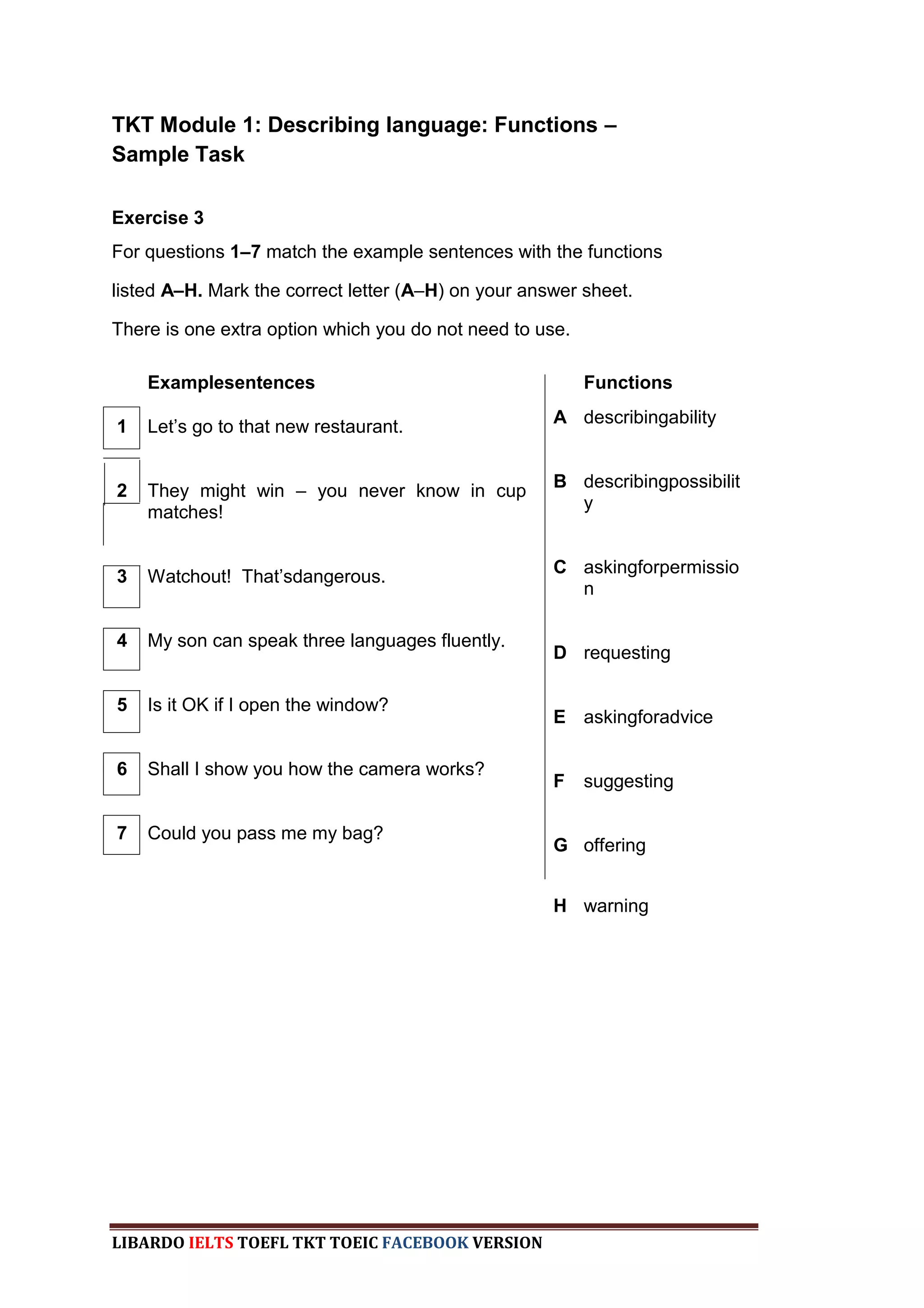 TKT Module 1: Describing language: Functions –
Sample Task

Exercise 3
For questions 1–7 match the example sentences with the functions

listed A–H. Mark the correct letter (A–H) on your answer sheet.

There is one extra option which you do not need to use.

    Examplesentences                                      Functions
                                                     A describingability
1   Let‟s go to that new restaurant.

                                                     B describingpossibilit
2   They might win – you never know in cup
                                                       y
    matches!

                                                     C askingforpermissio
3   Watchout! That‟sdangerous.
                                                       n

4   My son can speak three languages fluently.
                                                     D requesting

5   Is it OK if I open the window?
                                                     E askingforadvice

6   Shall I show you how the camera works?
                                                     F    suggesting

7   Could you pass me my bag?
                                                     G offering


                                                     H warning




LIBARDO IELTS TOEFL TKT TOEIC FACEBOOK VERSION
 
