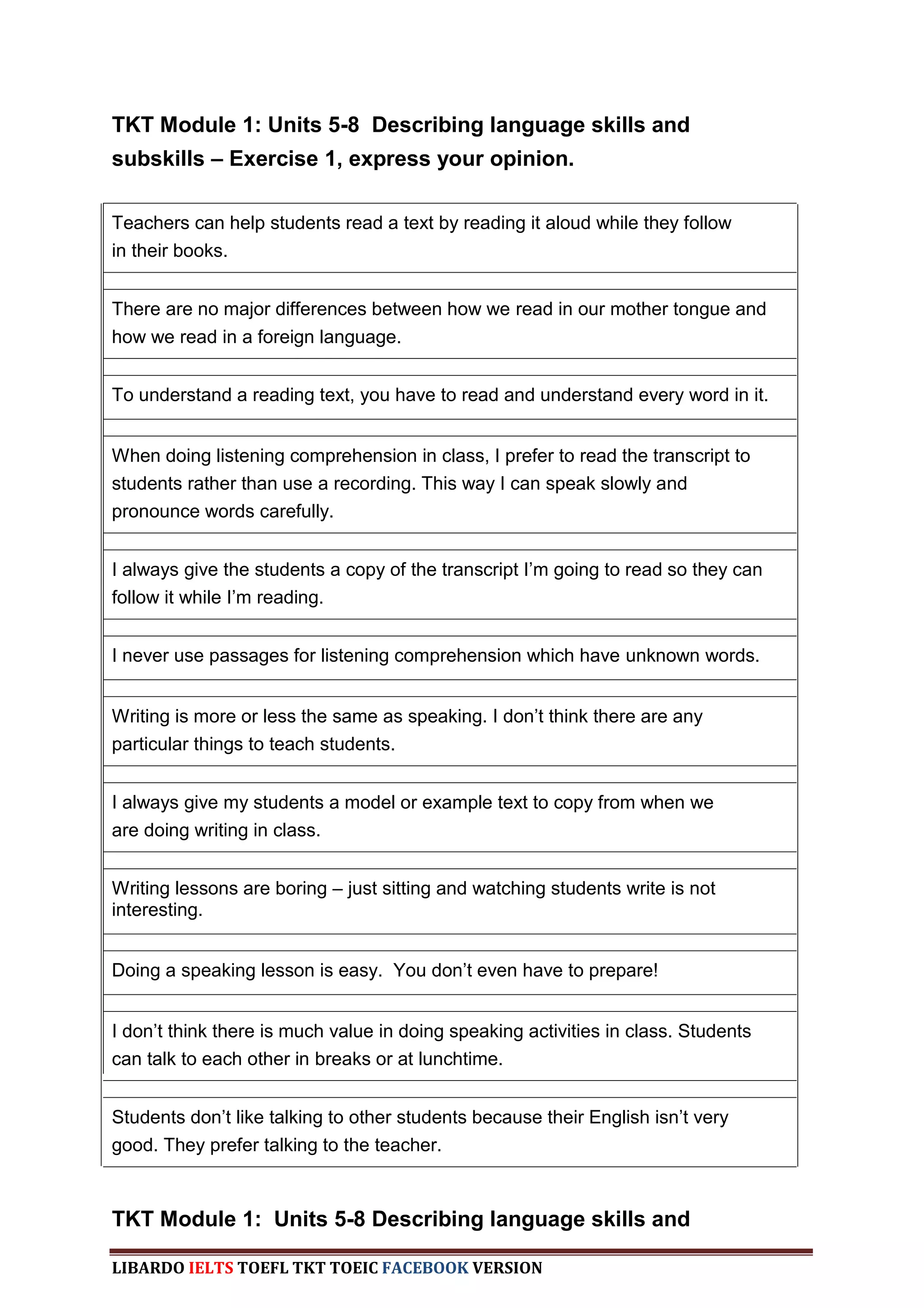TKT Module 1: Units 5-8 Describing language skills and
subskills – Exercise 1, express your opinion.

Teachers can help students read a text by reading it aloud while they follow
in their books.


There are no major differences between how we read in our mother tongue and
how we read in a foreign language.


To understand a reading text, you have to read and understand every word in it.


When doing listening comprehension in class, I prefer to read the transcript to
students rather than use a recording. This way I can speak slowly and
pronounce words carefully.


I always give the students a copy of the transcript I‟m going to read so they can
follow it while I‟m reading.


I never use passages for listening comprehension which have unknown words.


Writing is more or less the same as speaking. I don‟t think there are any
particular things to teach students.


I always give my students a model or example text to copy from when we
are doing writing in class.


Writing lessons are boring – just sitting and watching students write is not
interesting.


Doing a speaking lesson is easy. You don‟t even have to prepare!


I don‟t think there is much value in doing speaking activities in class. Students
can talk to each other in breaks or at lunchtime.


Students don‟t like talking to other students because their English isn‟t very
good. They prefer talking to the teacher.



TKT Module 1: Units 5-8 Describing language skills and

LIBARDO IELTS TOEFL TKT TOEIC FACEBOOK VERSION
 