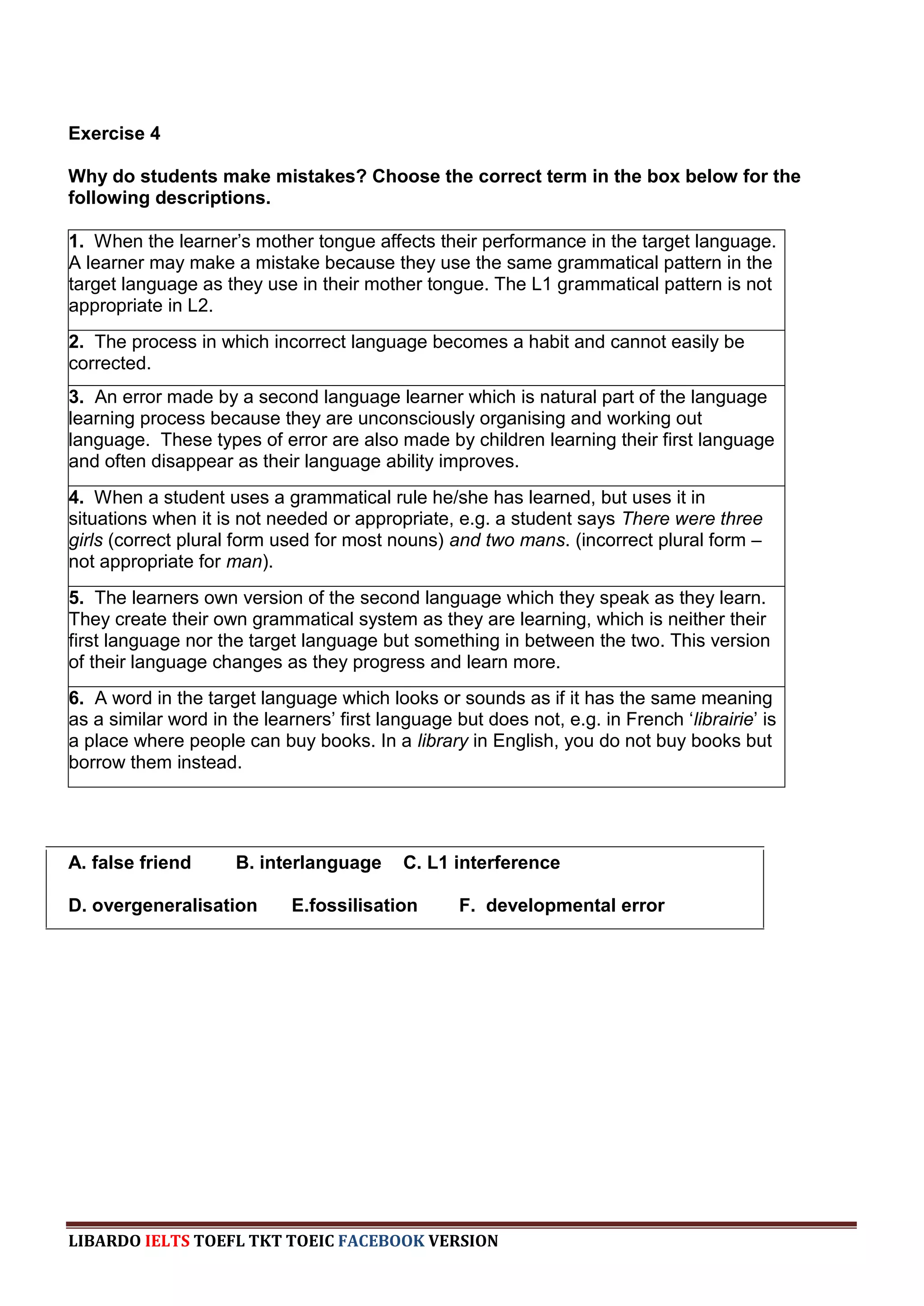 Exercise 4

Why do students make mistakes? Choose the correct term in the box below for the
following descriptions.

1. When the learner‟s mother tongue affects their performance in the target language.
A learner may make a mistake because they use the same grammatical pattern in the
target language as they use in their mother tongue. The L1 grammatical pattern is not
appropriate in L2.
2. The process in which incorrect language becomes a habit and cannot easily be
corrected.
3. An error made by a second language learner which is natural part of the language
learning process because they are unconsciously organising and working out
language. These types of error are also made by children learning their first language
and often disappear as their language ability improves.
4. When a student uses a grammatical rule he/she has learned, but uses it in
situations when it is not needed or appropriate, e.g. a student says There were three
girls (correct plural form used for most nouns) and two mans. (incorrect plural form –
not appropriate for man).
5. The learners own version of the second language which they speak as they learn.
They create their own grammatical system as they are learning, which is neither their
first language nor the target language but something in between the two. This version
of their language changes as they progress and learn more.
6. A word in the target language which looks or sounds as if it has the same meaning
as a similar word in the learners‟ first language but does not, e.g. in French „librairie‟ is
a place where people can buy books. In a library in English, you do not buy books but
borrow them instead.




A. false friend      B. interlanguage      C. L1 interference

D. overgeneralisation        E.fossilisation       F. developmental error




LIBARDO IELTS TOEFL TKT TOEIC FACEBOOK VERSION
 