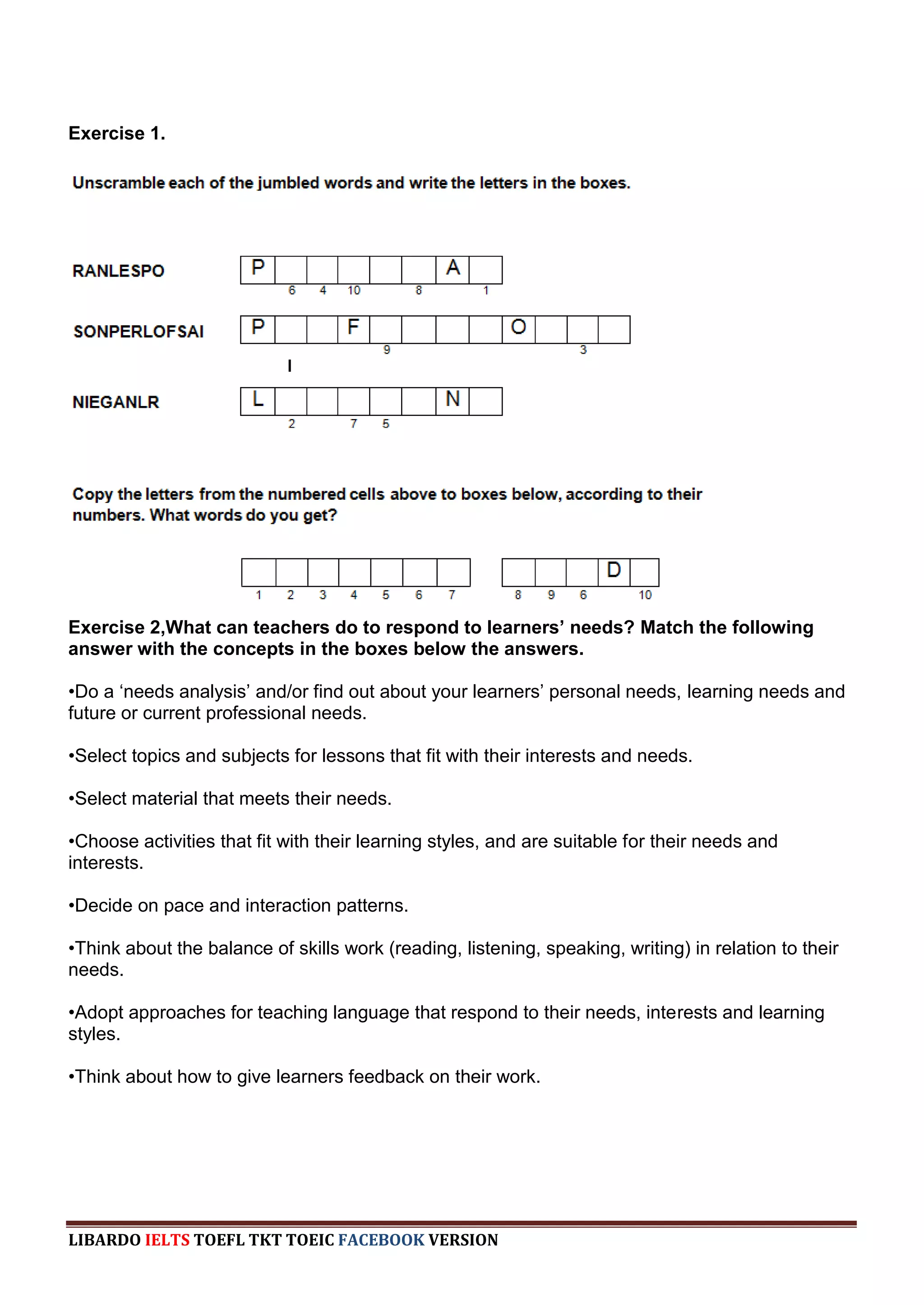 Exercise 1.




Exercise 2,What can teachers do to respond to learners’ needs? Match the following
answer with the concepts in the boxes below the answers.

•Do a „needs analysis‟ and/or find out about your learners‟ personal needs, learning needs and
future or current professional needs.

•Select topics and subjects for lessons that fit with their interests and needs.

•Select material that meets their needs.

•Choose activities that fit with their learning styles, and are suitable for their needs and
interests.

•Decide on pace and interaction patterns.

•Think about the balance of skills work (reading, listening, speaking, writing) in relation to their
needs.

•Adopt approaches for teaching language that respond to their needs, interests and learning
styles.

•Think about how to give learners feedback on their work.




LIBARDO IELTS TOEFL TKT TOEIC FACEBOOK VERSION
 