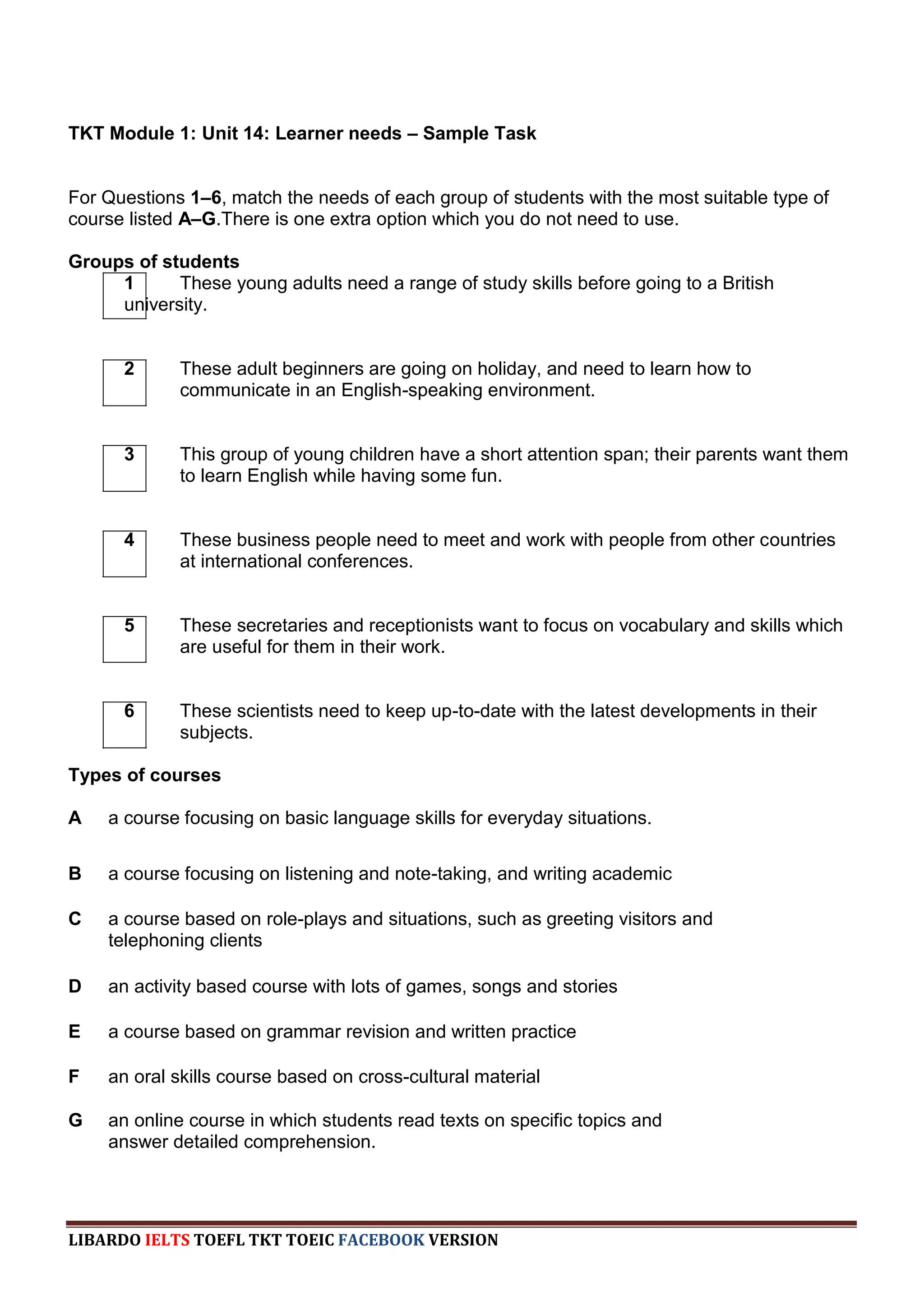 TKT Module 1: Unit 14: Learner needs – Sample Task


For Questions 1–6, match the needs of each group of students with the most suitable type of
course listed A–G.There is one extra option which you do not need to use.

Groups of students
     1      These young adults need a range of study skills before going to a British
     university.


      2      These adult beginners are going on holiday, and need to learn how to
             communicate in an English-speaking environment.


      3      This group of young children have a short attention span; their parents want them
             to learn English while having some fun.


      4      These business people need to meet and work with people from other countries
             at international conferences.


      5      These secretaries and receptionists want to focus on vocabulary and skills which
             are useful for them in their work.


      6      These scientists need to keep up-to-date with the latest developments in their
             subjects.

Types of courses

A   a course focusing on basic language skills for everyday situations.


B   a course focusing on listening and note-taking, and writing academic
    essays
C   a course based on role-plays and situations, such as greeting visitors and
    telephoning clients

D   an activity based course with lots of games, songs and stories

E   a course based on grammar revision and written practice

F   an oral skills course based on cross-cultural material

G   an online course in which students read texts on specific topics and
    answer detailed comprehension.




LIBARDO IELTS TOEFL TKT TOEIC FACEBOOK VERSION
 