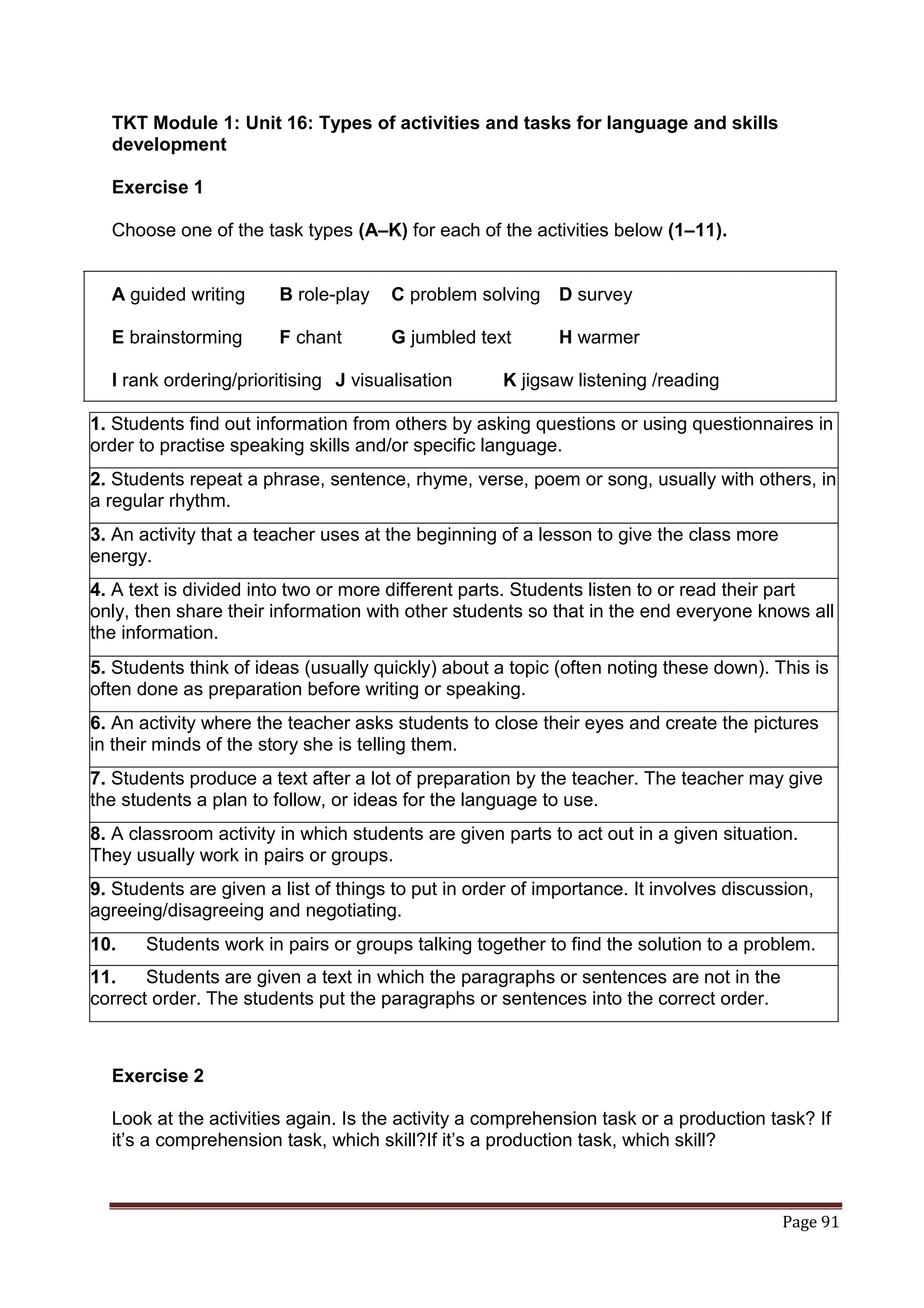 TKT Module 1: Unit 16: Types of activities and tasks for language and skills
  development

  Exercise 1

  Choose one of the task types (A–K) for each of the activities below (1–11).


  A guided writing      B role-play   C problem solving D survey

  E brainstorming       F chant       G jumbled text        H warmer

  I rank ordering/prioritising J visualisation       K jigsaw listening /reading

1. Students find out information from others by asking questions or using questionnaires in
order to practise speaking skills and/or specific language.
2. Students repeat a phrase, sentence, rhyme, verse, poem or song, usually with others, in
a regular rhythm.
3. An activity that a teacher uses at the beginning of a lesson to give the class more
energy.
4. A text is divided into two or more different parts. Students listen to or read their part
only, then share their information with other students so that in the end everyone knows all
the information.
5. Students think of ideas (usually quickly) about a topic (often noting these down). This is
often done as preparation before writing or speaking.
6. An activity where the teacher asks students to close their eyes and create the pictures
in their minds of the story she is telling them.
7. Students produce a text after a lot of preparation by the teacher. The teacher may give
the students a plan to follow, or ideas for the language to use.
8. A classroom activity in which students are given parts to act out in a given situation.
They usually work in pairs or groups.
9. Students are given a list of things to put in order of importance. It involves discussion,
agreeing/disagreeing and negotiating.
10.    Students work in pairs or groups talking together to find the solution to a problem.
11.    Students are given a text in which the paragraphs or sentences are not in the
correct order. The students put the paragraphs or sentences into the correct order.



  Exercise 2

  Look at the activities again. Is the activity a comprehension task or a production task? If
  it‟s a comprehension task, which skill?If it‟s a production task, which skill?



                                                                                         Page 91
 