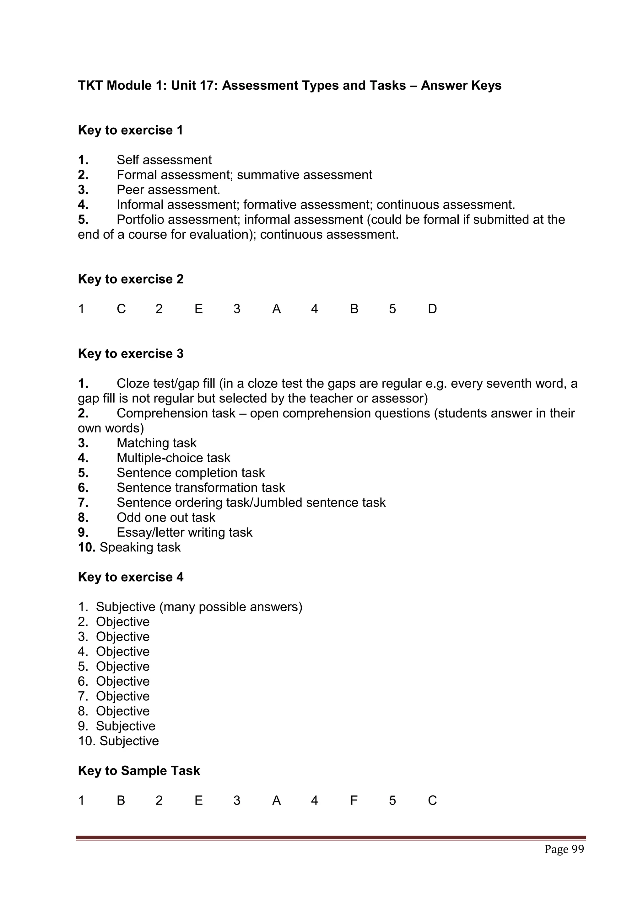 TKT Module 1: Unit 17: Assessment Types and Tasks – Answer Keys


Key to exercise 1

1.     Self assessment
2.     Formal assessment; summative assessment
3.     Peer assessment.
4.     Informal assessment; formative assessment; continuous assessment.
5.     Portfolio assessment; informal assessment (could be formal if submitted at the
end of a course for evaluation); continuous assessment.


Key to exercise 2

1      C      2      E      3      A      4       B      5      D


Key to exercise 3

1.      Cloze test/gap fill (in a cloze test the gaps are regular e.g. every seventh word, a
gap fill is not regular but selected by the teacher or assessor)
2.      Comprehension task – open comprehension questions (students answer in their
own words)
3.      Matching task
4.      Multiple-choice task
5.      Sentence completion task
6.      Sentence transformation task
7.      Sentence ordering task/Jumbled sentence task
8.      Odd one out task
9.      Essay/letter writing task
10. Speaking task

Key to exercise 4

1. Subjective (many possible answers)
2. Objective
3. Objective
4. Objective
5. Objective
6. Objective
7. Objective
8. Objective
9. Subjective
10. Subjective

Key to Sample Task

1      B      2      E      3      A      4       F      5      C


                                                                                     Page 99
 