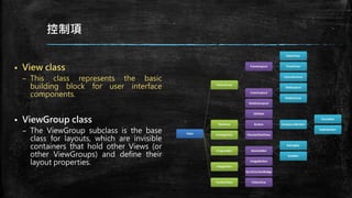 控制項
 View class
– This class represents the basic
building block for user interface
components.
 ViewGroup class
– The ViewGroup subclass is the base
class for layouts, which are invisible
containers that hold other Views (or
other ViewGroups) and define their
layout properties.
 
