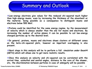 Summary and Outlook

           Low-energy electrons give values for the reduced chi-squared much higher
         than high-energy muons, even by increasing the thickness of the absorbent or
         the material, being possible as a consequence to distinguish muons and
         electrons below 500 MeV.

           Protons could be identified for the same energy regime, by the measurement
         of velocity which is always smaller than the one for muons and electrons. By
         increasing the number of active planes it can be possible to cut low-energy
         charged particles up to the desired level.

           In general, protons, muons and electrons shows clusters at different zones
         on the beta-chi-squared plots, however an important overlapping is also
         present.

           Next steps in this analysis will be to perform a full simulation under Geant4
         (SETA) which will allows one to get more realistic results.

           Once this analysis on velocity and chi-squared can be correlated with the
         arrival time, azimuthal and zenital angles, distance to the core of the shower,
         etc, the discrimination between particles in case of ambiguity will be possible
Teresa Kurtukian Nieto, CENBG           2nd Workshop TRASGO Project     February 5th 2010   12
 