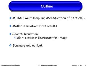 Outline


                 MIDAS: MultisamplIng iDentification of pArticleS

                 Matlab simulation: first results

                 Geant4 simulation:
                       SETA: Simulation Environment for TrAsgo


                 Summary and outlook




Teresa Kurtukian Nieto, CENBG           2nd Workshop TRASGO Project   February 5th 2010   2
 