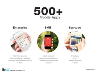 Field-force solutions!
Data management solutions!
Workﬂow management solutions!
& more.!
!

Mobile products!
Mobile payment solutions!
Communications platforms!
& more.!

Prototypes!
MVPs!
Product evolution!
& more.!
!

 