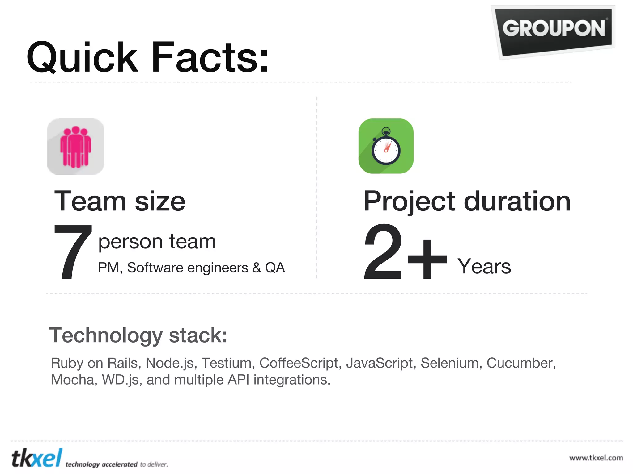 Quick Facts:

Team size

Project duration

7

2+

person team
PM, Software engineers & QA

Years

Technology stack:
Ruby on Rails, Node.js, Testium, CoffeeScript, JavaScript, Selenium, Cucumber,
Mocha, WD.js, and multiple API integrations.

 