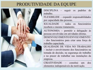 PRODUTIVIDADE DA EQUIPE
12
DISCIPLINA – seguir os padrões de
trabalho.
FLEXIBILIDE – expandir responsabilidades
por capacidade das pessoas.
IGUALDADE – todos os funcionários
recebem o mesmo tratamento.
AUTONOMIA – permitir a delegação às
pessoas envolvidas em atividades diretas.
DESENVOLVIMENTO/ENVOLVIMENTO
– dos funcionários para criar uma força de
trabalho capacitada.
QUALIDADE DE VIDA NO TRABALHO
– incluir o envolvimento dos funcionários na
tomada de decisão, na segurança do trabalho
e no prazer de trabalhar nas instalações da
empresa.
CRIATIVIDADE – constitui um dos
elementos indispensáveis da motivação.
 