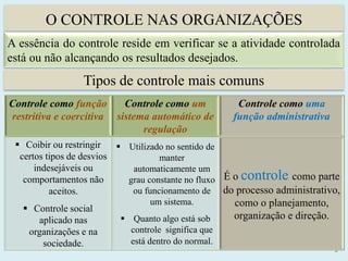 O CONTROLE NAS ORGANIZAÇÕES
2
A essência do controle reside em verificar se a atividade controlada
está ou não alcançando os resultados desejados.
Tipos de controle mais comuns
Controle como função
restritiva e coercitiva
Controle como um
sistema automático de
regulação
Controle como uma
função administrativa
 Coibir ou restringir
certos tipos de desvios
indesejáveis ou
comportamentos não
aceitos.
 Controle social
aplicado nas
organizações e na
sociedade.
 Utilizado no sentido de
manter
automaticamente um
grau constante no fluxo
ou funcionamento de
um sistema.
 Quanto algo está sob
controle significa que
está dentro do normal.
É o controle como parte
do processo administrativo,
como o planejamento,
organização e direção.
 