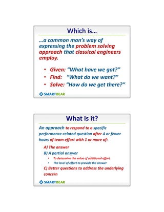 4/10/2014
14
…a common man’s way of
expressing the problem solving
approach that classical engineers
employ.
• Given: “What have we got?”
• Find: “What do we want?”
• Solve: “How do we get there?”
An approach to respond to a specific
performance-related question after 4 or fewer
hours of team effort with 1 or more of:
A) The answer
B) A partial answer
• To determine the value of additional effort
• The level of effort to provide the answer
C) Better questions to address the underlying
concern
What is it?
 
