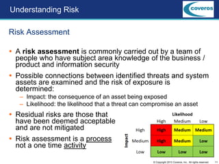 11© Copyright 2013 Coveros, Inc.. All rights reserved.
Risk Assessment
 A risk assessment is commonly carried out by a team of
people who have subject area knowledge of the business /
product and information security
 Possible connections between identified threats and system
assets are examined and the risk of exposure is
determined:
– Impact: the consequence of an asset being exposed
– Likelihood: the likelihood that a threat can compromise an asset
 Residual risks are those that
have been deemed acceptable
and are not mitigated
 Risk assessment is a process
not a one time activity
Understanding Risk
 