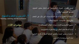 .‫تيسير‬ 1‫ات‬‫ر‬‫الخب‬‫ة‬‫ز‬‫املعز‬‫بالتكنولوجيا‬‫التي‬‫ل‬‫تتناو‬‫معاي‬‫ير‬‫ى‬‫املحتو‬
‫ومعايير‬‫تكنولوجيا‬‫الطالب‬.
.‫استخدام‬ 2‫التكنولوجيا‬‫لدعم‬‫اتيجيات‬‫ر‬‫االست‬‫التي‬‫تركز‬‫عل‬‫ى‬‫املتعلم‬
‫والتي‬‫ل‬‫تتناو‬‫االحتياجات‬‫املتنوعة‬‫للطالب‬.
.‫تطبيق‬ 3‫التكنولوجيا‬‫إلثبات‬‫ات‬‫ر‬‫مها‬‫الطالب‬‫العليا‬‫واإلبد‬‫اع‬.
.‫ة‬‫ر‬‫إدا‬ 4‫أنشطة‬‫تعلم‬‫الطالب‬‫في‬‫بيئة‬‫ة‬‫ز‬‫معز‬‫بالتكنولوجيا‬.
.‫استخدام‬ 5‫معايير‬‫البحث‬‫واملعايير‬‫الحالية‬‫للدولة‬‫أو‬‫ة‬‫ر‬‫إلدا‬‫ال‬‫تعليم‬
‫لبناء‬‫س‬‫و‬‫الدر‬‫حدات‬‫و‬‫و‬‫يس‬‫ر‬‫التد‬.
3.‫والمنهج‬ ‫والتعلم‬ ‫التدريس‬
Teaching, Learning, and the Curriculum
‫األداء‬ ‫مؤشرات‬
 