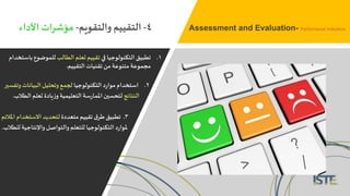 .‫في‬ ‫التكنولوجيا‬‫تطبيق‬ 1‫الطالب‬ ‫تعلم‬ ‫تقييم‬‫باس‬ ‫للموضوع‬‫تخدام‬
‫التقييم‬‫تقنيات‬ ‫من‬ ‫متنوعة‬‫مجموعة‬.
.‫التكنولوجيا‬ ‫د‬‫ر‬‫موا‬ ‫استخدام‬ 2‫وتفسير‬ ‫البيانات‬‫وتحليل‬‫لجمع‬
‫النتائج‬‫الطالب‬ ‫تعلم‬‫يادة‬‫ز‬‫و‬ ‫التعليمية‬‫سة‬‫ر‬‫املما‬‫لتحسين‬.
.3‫متعددة‬‫تقييم‬ ‫ق‬‫طر‬‫تطبيق‬‫املالئم‬ ‫االستخدام‬ ‫لتحديد‬
‫للطال‬‫واإلنتاجية‬ ‫والتواصل‬ ‫للتعلم‬ ‫التكنولوجيا‬ ‫د‬‫ر‬‫ملوا‬‫ب‬.
4-‫والتقويم‬ ‫التقييم‬-‫األداء‬ ‫ات‬‫ر‬‫مؤش‬ Assessment and Evaluation- Performance indicators
 
