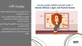 .‫املت‬‫واألخالقية‬‫القانونية‬‫سة‬‫ر‬‫املما‬ ‫وتعليم‬ ‫نمذجة‬ 1‫علقة‬
‫التكنولوجيا‬ ‫باستخدام‬.
.‫م‬‫املتعلمين‬‫وتمكين‬ ‫التكنولوجيا‬ ‫د‬‫ر‬‫موا‬‫تطبيق‬ 2‫ي‬‫ذو‬ ‫ن‬
‫املتنوعة‬ ‫ات‬‫ر‬‫والقد‬‫والخصائص‬‫الخلفيات‬(‫ى‬‫ذو‬
‫الخاصة‬ ‫االحتياجات‬.)
.‫ال‬‫تؤكد‬ ‫التي‬ ‫التكنولوجيا‬ ‫د‬‫ر‬‫موا‬ ‫واستخدام‬‫تحديد‬ 3‫تنوع‬.
(‫الثقافات‬‫اختالف‬)
.‫التكنولوج‬ ‫د‬‫ر‬‫ملوا‬ ‫والصحي‬‫اآلمن‬ ‫االستخدام‬‫تعزيز‬ 4‫يا‬.
.‫لجم‬ ‫التكنولوجيا‬ ‫د‬‫ر‬‫موا‬‫إلى‬ ‫العادل‬ ‫ل‬‫الوصو‬‫تسهيل‬ 5‫يع‬
‫الطالب‬.
7-‫القضايا‬‫االجتماعية‬‫واألخالقية‬‫والقانونية‬‫واإلنسانية‬
Social, Ethical, Legal, and Human Issues
‫األداء‬ ‫مؤشرات‬
 