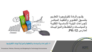 ‫التعلتتتتي‬ ‫تكنولوجيتتتتا‬ ‫قتتتتادة‬ ‫يقتتتتوم‬‫م‬
‫الم‬ ‫تت‬‫ت‬‫والتنفي‬ ‫تتوير‬‫ت‬‫التط‬ ‫تتي‬‫ت‬‫بتنس‬‫تتر‬‫ت‬‫باش‬
‫التقن‬ ‫تتية‬‫ت‬‫األساس‬ ‫تتة‬‫ت‬‫البني‬ ‫تتراءات‬‫ت‬‫إلج‬‫تتة‬‫ت‬‫ي‬
‫تتتات‬‫ت‬‫والميزاني‬ ‫تتتط‬‫ت‬‫والخط‬ ‫تتتات‬‫ت‬‫والسياس‬
‫لمدارس‬PK-12.
7-‫التكنولوج‬ ‫لبيئات‬ ‫والميزانية‬ ‫والتخطيط‬ ‫والسياسات‬ ‫اإلجراءات‬‫يا‬
Procedures, Policies, Planning, and Budgeting for Technology Environments
 