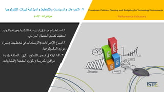 1.‫ـ‬‫ـ‬‫ـ‬‫ـ‬‫ـ‬‫مل‬‫وا‬ ‫ـة‬‫ـ‬‫ـ‬‫ـ‬‫ـ‬‫ي‬‫التكنولوج‬‫ـة‬‫ـ‬‫ـ‬‫ـ‬‫ـ‬‫س‬‫ر‬‫املد‬‫ـق‬‫ـ‬‫ـ‬‫ـ‬‫ـ‬‫د‬‫ا‬‫ر‬‫م‬ ‫ـتخدام‬‫ـ‬‫ـ‬‫ـ‬‫ـ‬‫س‬‫ا‬‫د‬‫ر‬‫وا‬
‫ي‬ ‫اس‬‫ر‬‫الد‬‫الفصل‬‫تعليم‬ ‫لتنفيذ‬.
2.‫ـ‬‫ـ‬‫ـ‬‫ـ‬‫ـ‬‫ش‬‫و‬ ‫ـيط‬‫ـ‬‫ـ‬‫ـ‬‫ـ‬‫ط‬‫تخ‬ ‫ـي‬‫ـ‬‫ـ‬‫ـ‬‫ـ‬‫ف‬ ‫ـادات‬‫ـ‬‫ـ‬‫ـ‬‫ـ‬‫ش‬‫ر‬‫واال‬ ‫اءات‬‫ر‬‫ـ‬‫ـ‬‫ـ‬‫ـ‬‫ـ‬‫ج‬‫اإل‬‫ـاع‬‫ـ‬‫ـ‬‫ـ‬‫ب‬‫ات‬‫اء‬‫ر‬
‫التكنولوجيا‬ ‫د‬‫ر‬‫موا‬.
.
7-‫التكن‬ ‫لبيئات‬ ‫والميزانية‬ ‫والتخطيط‬ ‫والسياسات‬ ‫اإلجراءات‬‫ولوجيا‬
‫األداء‬ ‫مؤشرات‬
Procedures, Policies, Planning, and Budgeting for Technology Environments
Performance indicators
3.‫املت‬ ‫املنهي‬ ‫التطوير‬ ‫درص‬ ‫في‬‫املشاركة‬‫ة‬‫ر‬‫بإدا‬‫علقة‬
‫واملش‬‫التقنية‬ ‫د‬‫ر‬‫واملوا‬ ‫سة‬‫ر‬‫املد‬‫ادق‬‫ر‬‫م‬‫تريات‬.
 