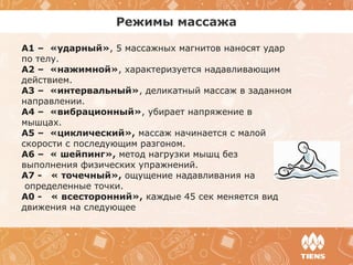Режимы массажа
А1 – «ударный», 5 массажных магнитов наносят удар
по телу.
А2 – «нажимной», характеризуется надавливающим
действием.
А3 – «интервальный», деликатный массаж в заданном
направлении.
А4 – «вибрационный», убирает напряжение в
мышцах.
А5 – «циклический», массаж начинается с малой
скорости с последующим разгоном.
А6 – « шейпинг», метод нагрузки мышц без
выполнения физических упражнений.
А7 - « точечный», ощущение надавливания на
определенные точки.
А0 - « всесторонний», каждые 45 сек меняется вид
движения на следующее
 