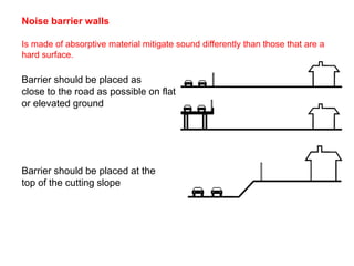 Barrier should be placed as
close to the road as possible on flat
or elevated ground
Barrier should be placed at the
top of the cutting slope
Noise barrier walls
Is made of absorptive material mitigate sound differently than those that are a
hard surface.
 