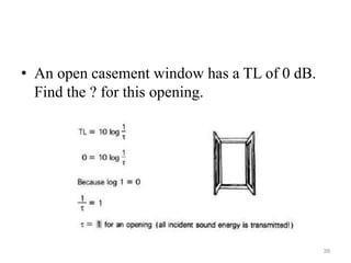 • An open casement window has a TL of 0 dB.
Find the ? for this opening.
39
 