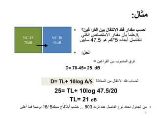 ‫مثال‬
:
• ‫الفراغين‬ ‫بين‬ ‫االنتقال‬ ‫فقد‬ ‫مقدار‬ ‫احسب‬
‫؟‬
‫الكلي‬ ‫االمتصاص‬ ‫مقدار‬ ‫بأن‬ ‫علما‬A
‫أبعاده‬ ‫للفاصل‬
5
*
4
‫هو‬ ‫م‬
47.5
‫سابين‬
• ‫الحل‬
:
51
NC 30
45dB
NC 45
70dB
‫الفراغين‬ ‫بين‬ ‫المنسوب‬ ‫فرق‬
=
D= 70-45= 25 dB
25= TL+ 10log 47.5/20
TL= 21 dB

‫تردد‬ ‫عند‬ ‫الفاصل‬ ‫نوع‬ ‫نحدد‬ ‫الجدول‬ ‫من‬
500
...
‫سمك‬ ‫أبالكاج‬ ‫خشب‬
5
/
16
‫أعلى‬ ‫فما‬ ‫بوصة‬
D= TL+ 10log A/S ‫المعادلة‬ ‫من‬ ‫االنتقال‬ ‫فقد‬ ‫لحساب‬
 