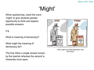 ‘ Might’ When questioning, insert the word  ‘ might’ to give students greater opportunity to think and explore  possible answers. e.g. What is meaning of democracy? What might the meaning of  democracy be? The first infers a single answer known  by the teacher whereas the second is  inherently more open. What might the Great Depression look like today? Back to AFL Tools 